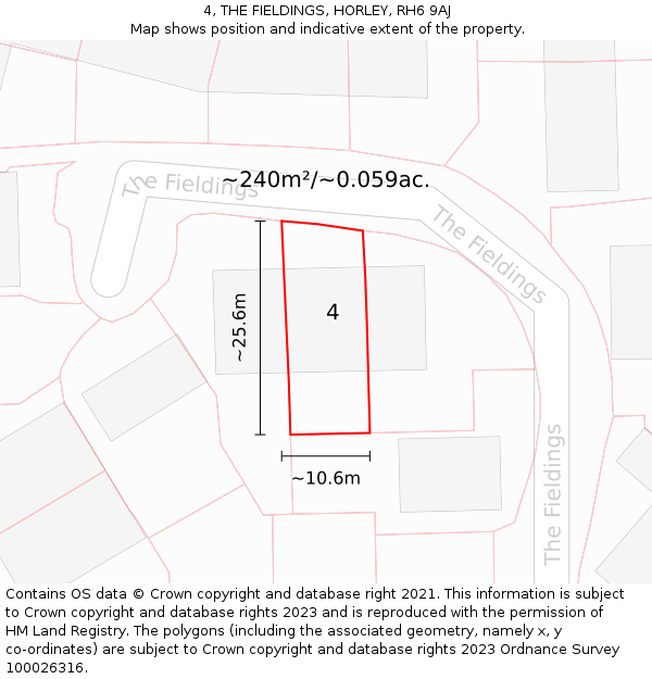 4, THE FIELDINGS, HORLEY, RH6 9AJ: Plot and title map