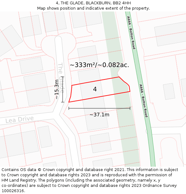 4, THE GLADE, BLACKBURN, BB2 4HH: Plot and title map