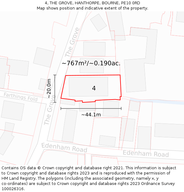 4, THE GROVE, HANTHORPE, BOURNE, PE10 0RD: Plot and title map