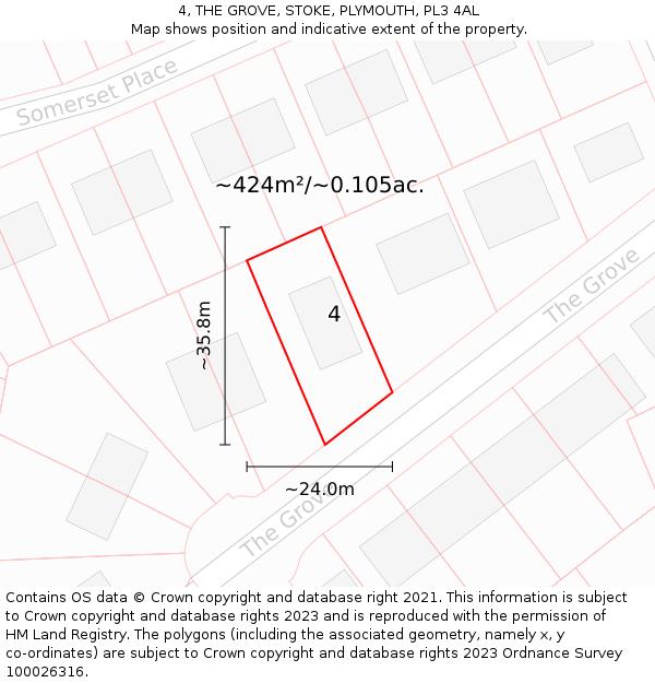 4, THE GROVE, STOKE, PLYMOUTH, PL3 4AL: Plot and title map