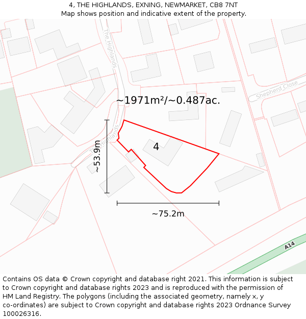 4, THE HIGHLANDS, EXNING, NEWMARKET, CB8 7NT: Plot and title map