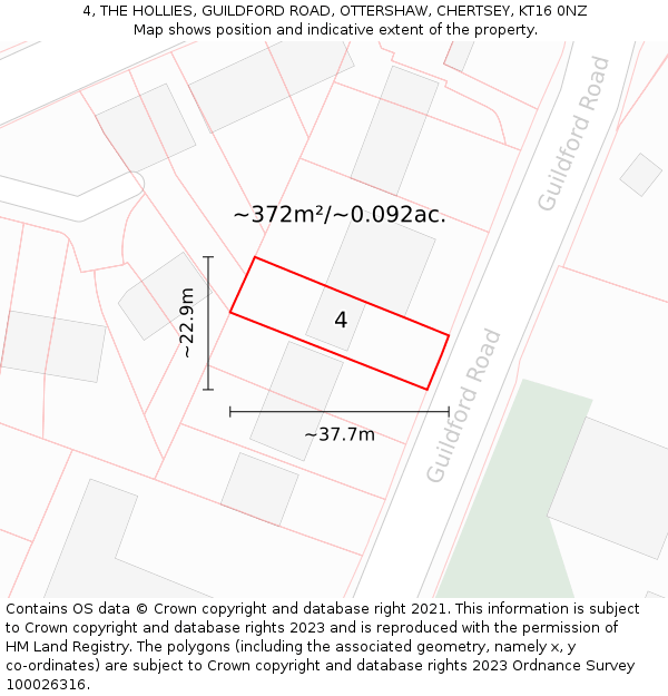 4, THE HOLLIES, GUILDFORD ROAD, OTTERSHAW, CHERTSEY, KT16 0NZ: Plot and title map