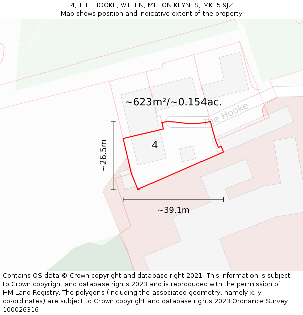 4, THE HOOKE, WILLEN, MILTON KEYNES, MK15 9JZ: Plot and title map