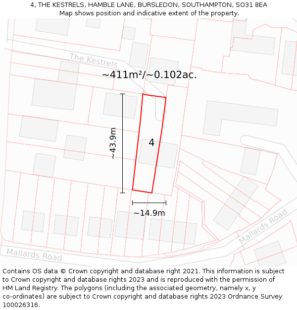 4, THE KESTRELS, HAMBLE LANE, BURSLEDON, SOUTHAMPTON, SO31 8EA: Plot and title map