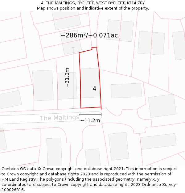 4, THE MALTINGS, BYFLEET, WEST BYFLEET, KT14 7PY: Plot and title map