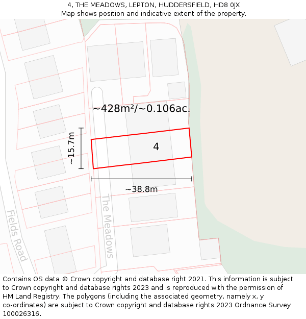 4, THE MEADOWS, LEPTON, HUDDERSFIELD, HD8 0JX: Plot and title map