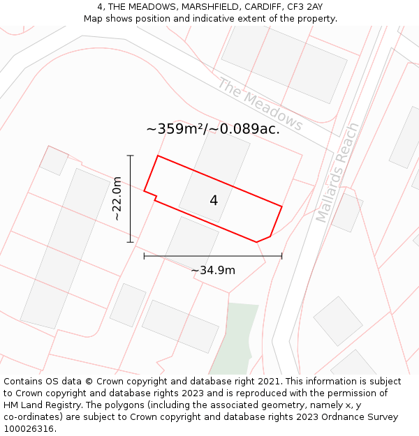 4, THE MEADOWS, MARSHFIELD, CARDIFF, CF3 2AY: Plot and title map