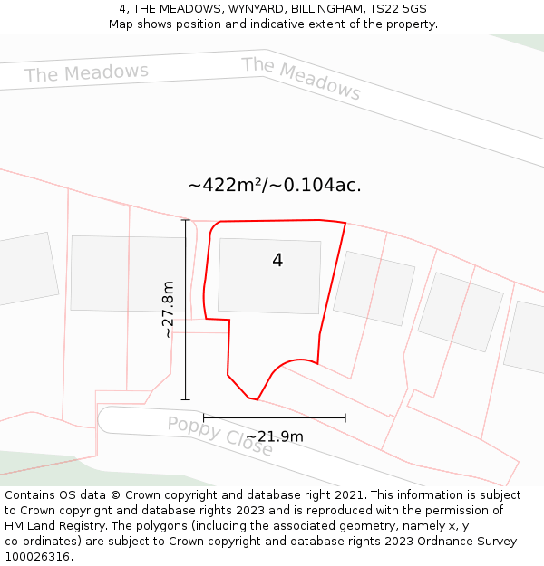 4, THE MEADOWS, WYNYARD, BILLINGHAM, TS22 5GS: Plot and title map