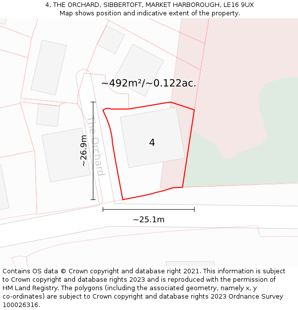 4, THE ORCHARD, SIBBERTOFT, MARKET HARBOROUGH, LE16 9UX: Plot and title map