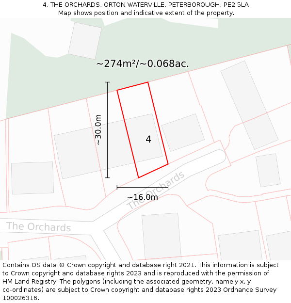 4, THE ORCHARDS, ORTON WATERVILLE, PETERBOROUGH, PE2 5LA: Plot and title map