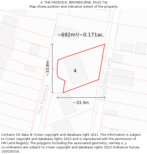 4, THE PADDOCK, BROXBOURNE, EN10 7AJ: Plot and title map