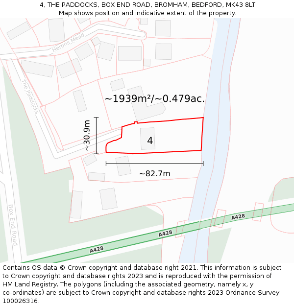 4, THE PADDOCKS, BOX END ROAD, BROMHAM, BEDFORD, MK43 8LT: Plot and title map