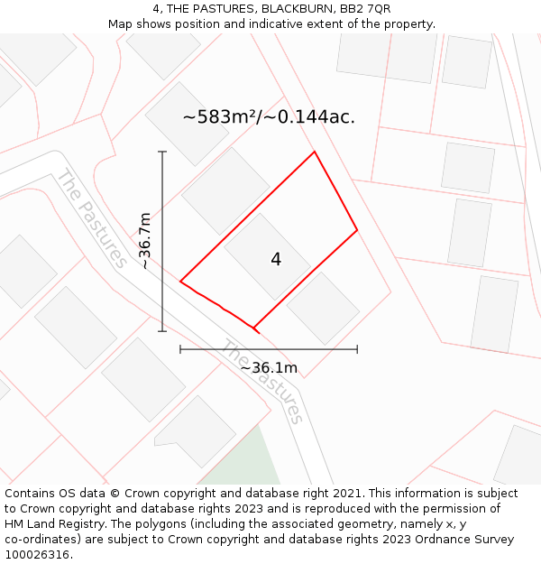 4, THE PASTURES, BLACKBURN, BB2 7QR: Plot and title map