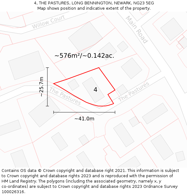 4, THE PASTURES, LONG BENNINGTON, NEWARK, NG23 5EG: Plot and title map