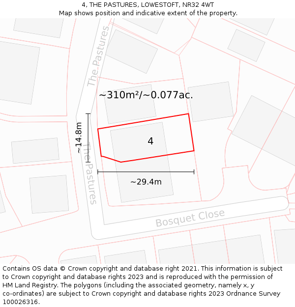 4, THE PASTURES, LOWESTOFT, NR32 4WT: Plot and title map
