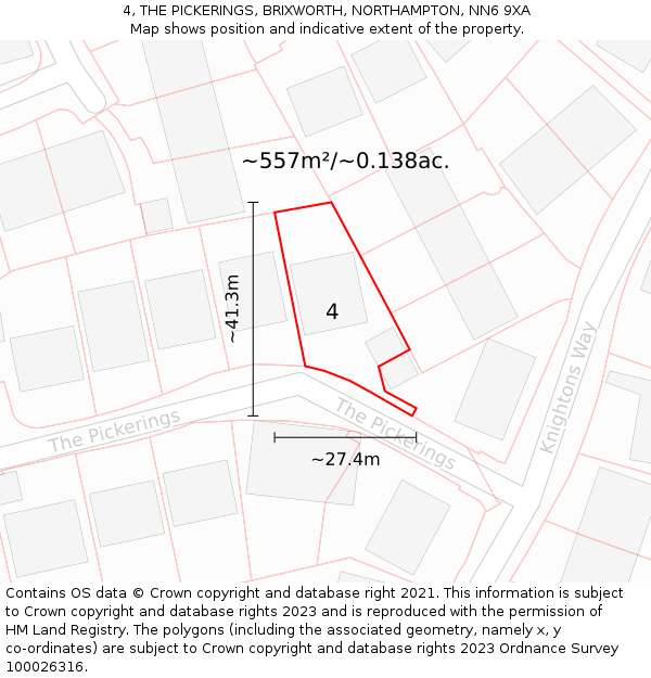 4, THE PICKERINGS, BRIXWORTH, NORTHAMPTON, NN6 9XA: Plot and title map