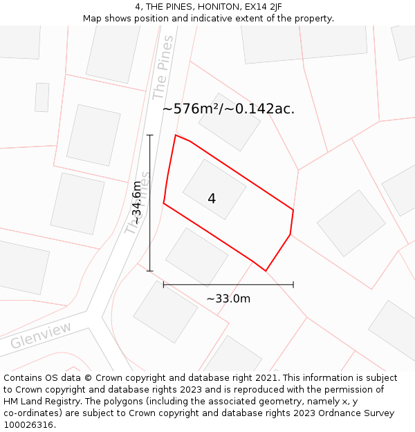 4, THE PINES, HONITON, EX14 2JF: Plot and title map