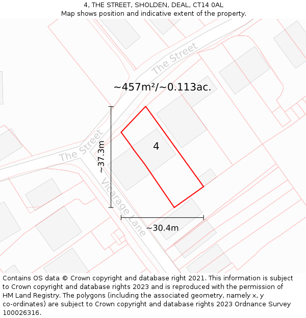 4, THE STREET, SHOLDEN, DEAL, CT14 0AL: Plot and title map