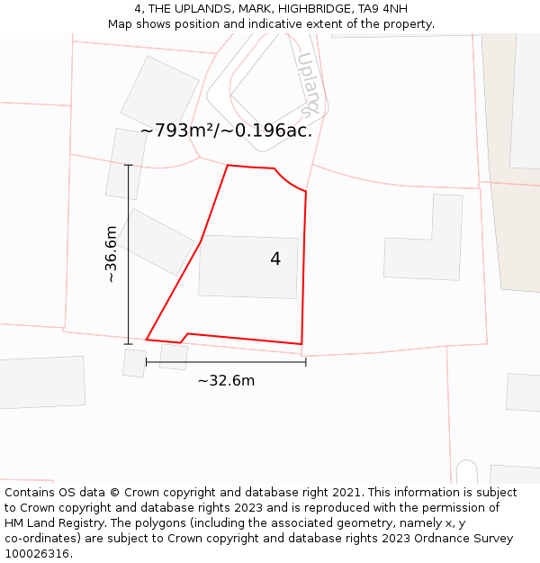 4, THE UPLANDS, MARK, HIGHBRIDGE, TA9 4NH: Plot and title map