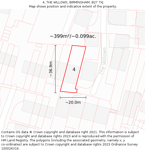 4, THE WILLOWS, BIRMINGHAM, B27 7XJ: Plot and title map