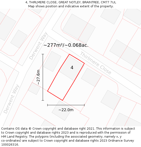 4, THIRLMERE CLOSE, GREAT NOTLEY, BRAINTREE, CM77 7UL: Plot and title map