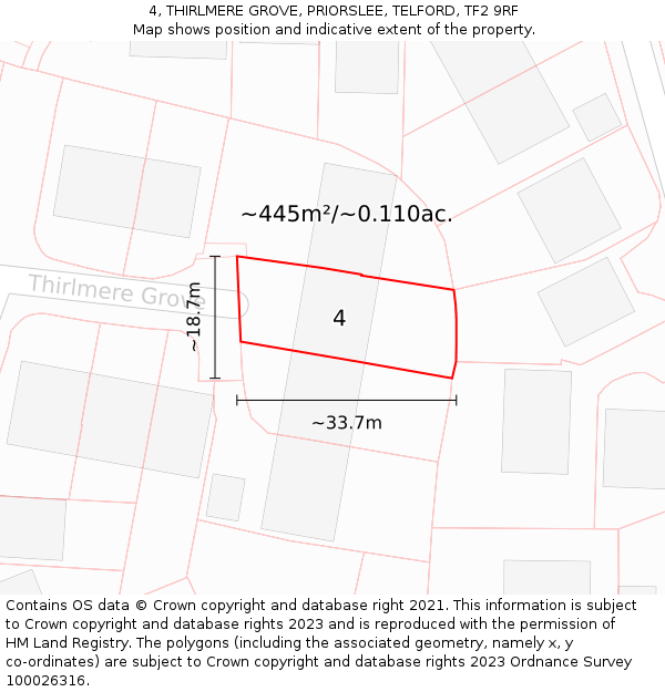 4, THIRLMERE GROVE, PRIORSLEE, TELFORD, TF2 9RF: Plot and title map