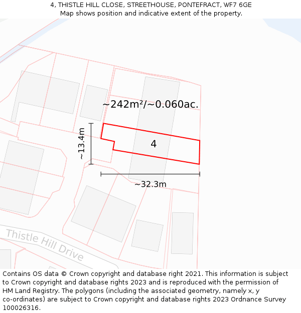 4, THISTLE HILL CLOSE, STREETHOUSE, PONTEFRACT, WF7 6GE: Plot and title map