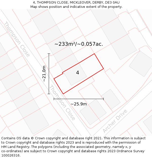 4, THOMPSON CLOSE, MICKLEOVER, DERBY, DE3 0AU: Plot and title map