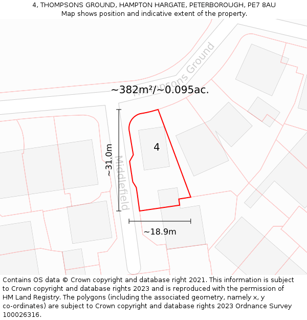 4, THOMPSONS GROUND, HAMPTON HARGATE, PETERBOROUGH, PE7 8AU: Plot and title map