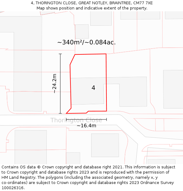 4, THORINGTON CLOSE, GREAT NOTLEY, BRAINTREE, CM77 7XE: Plot and title map