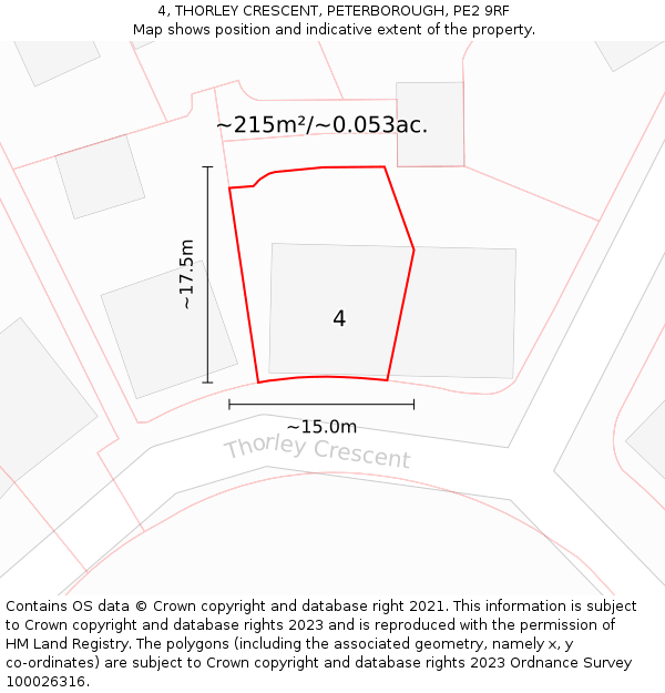 4, THORLEY CRESCENT, PETERBOROUGH, PE2 9RF: Plot and title map