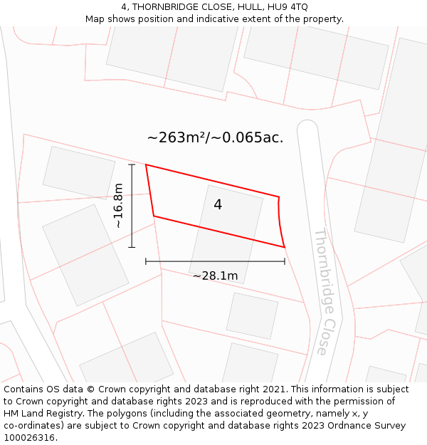 4, THORNBRIDGE CLOSE, HULL, HU9 4TQ: Plot and title map