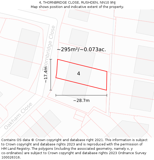 4, THORNBRIDGE CLOSE, RUSHDEN, NN10 9NJ: Plot and title map