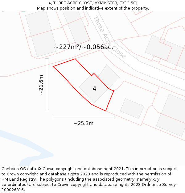 4, THREE ACRE CLOSE, AXMINSTER, EX13 5GJ: Plot and title map