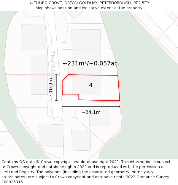 4, THURO GROVE, ORTON GOLDHAY, PETERBOROUGH, PE2 5ZY: Plot and title map