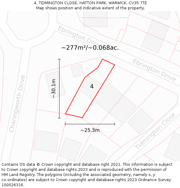4, TIDMINGTON CLOSE, HATTON PARK, WARWICK, CV35 7TE: Plot and title map