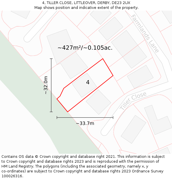 4, TILLER CLOSE, LITTLEOVER, DERBY, DE23 2UX: Plot and title map