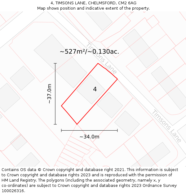 4, TIMSONS LANE, CHELMSFORD, CM2 6AG: Plot and title map