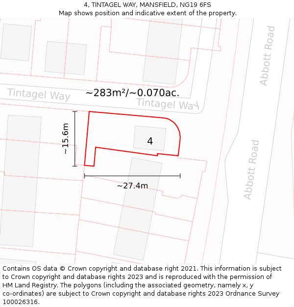 4, TINTAGEL WAY, MANSFIELD, NG19 6FS: Plot and title map