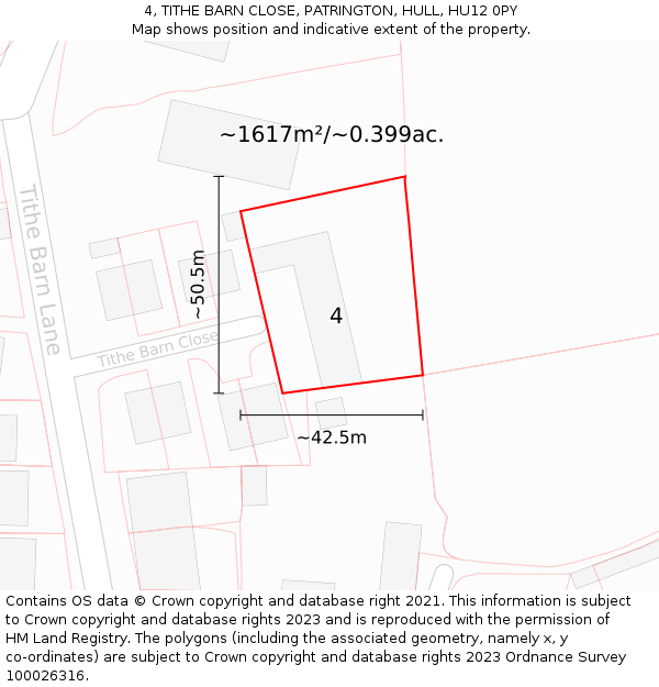 4, TITHE BARN CLOSE, PATRINGTON, HULL, HU12 0PY: Plot and title map