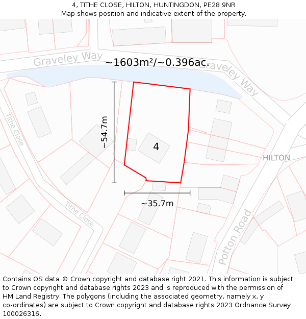 4, TITHE CLOSE, HILTON, HUNTINGDON, PE28 9NR: Plot and title map
