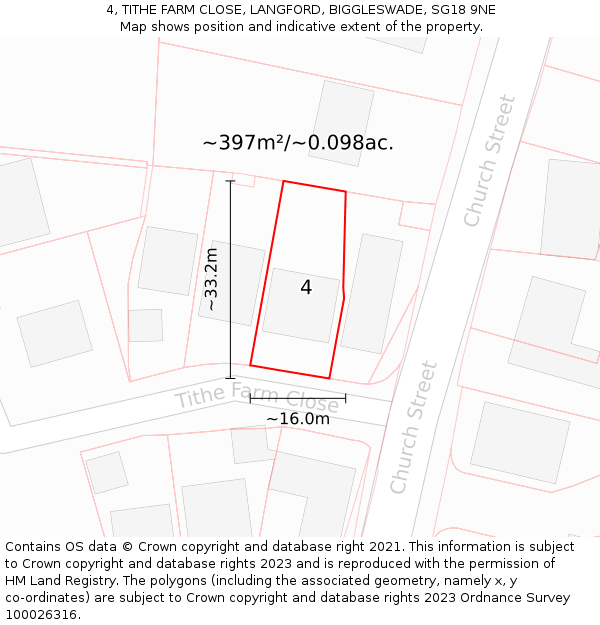 4, TITHE FARM CLOSE, LANGFORD, BIGGLESWADE, SG18 9NE: Plot and title map