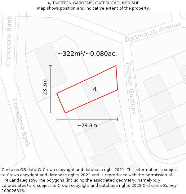 4, TIVERTON GARDENS, GATESHEAD, NE9 6UF: Plot and title map