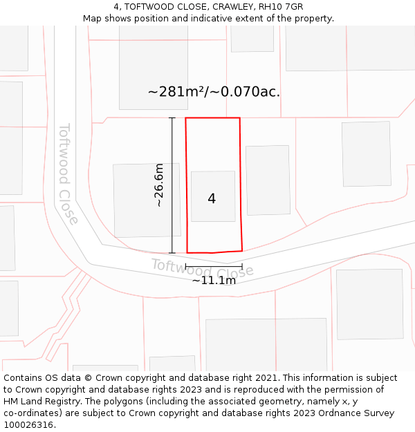4, TOFTWOOD CLOSE, CRAWLEY, RH10 7GR: Plot and title map