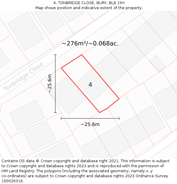 4, TONBRIDGE CLOSE, BURY, BL8 1YH: Plot and title map