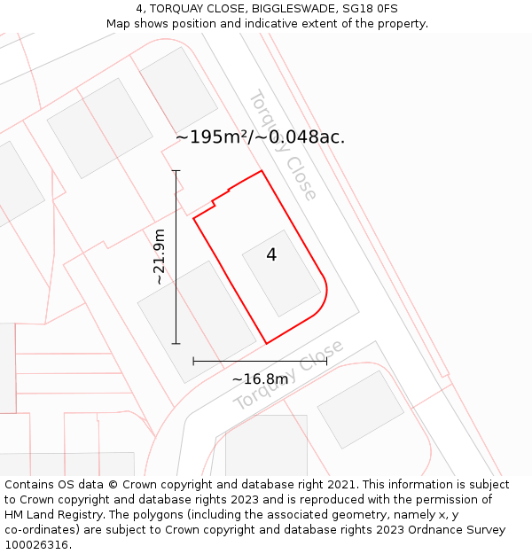 4, TORQUAY CLOSE, BIGGLESWADE, SG18 0FS: Plot and title map