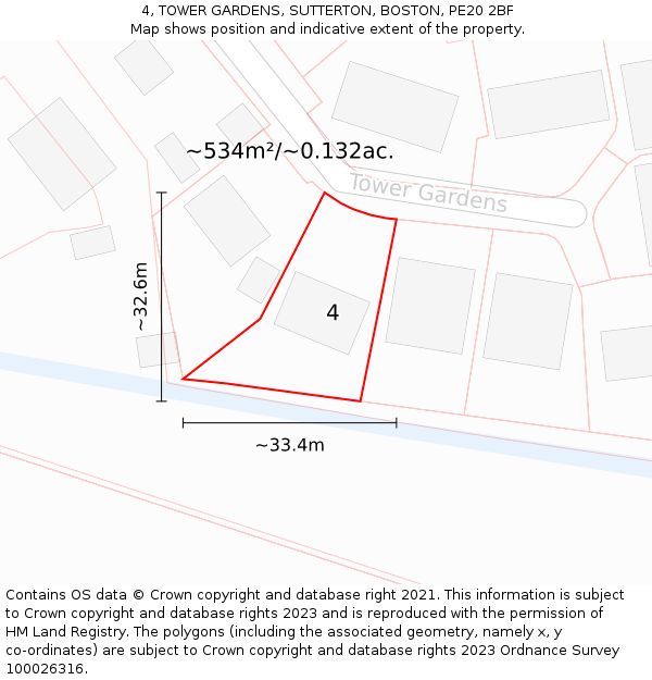 4, TOWER GARDENS, SUTTERTON, BOSTON, PE20 2BF: Plot and title map