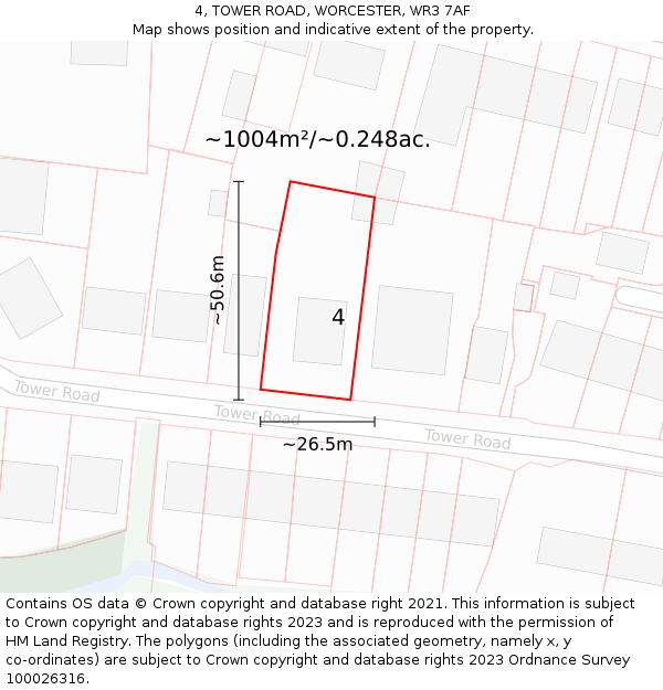 4, TOWER ROAD, WORCESTER, WR3 7AF: Plot and title map