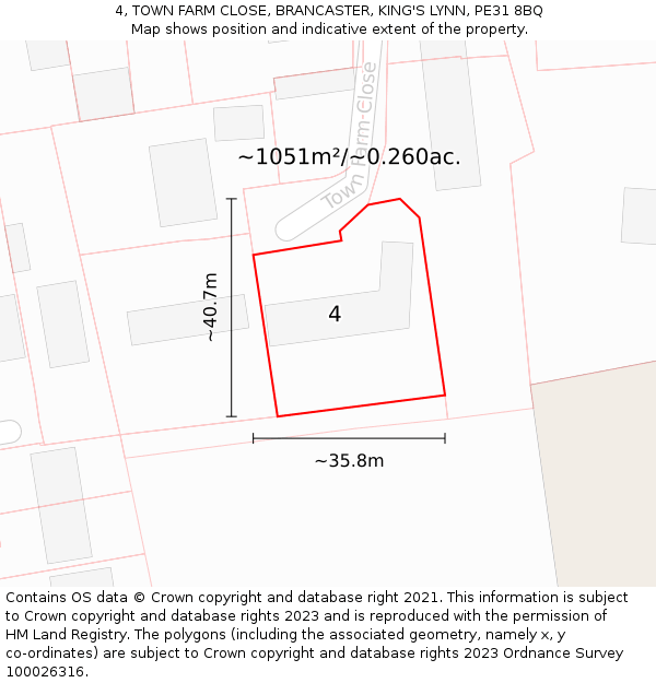 4, TOWN FARM CLOSE, BRANCASTER, KING'S LYNN, PE31 8BQ: Plot and title map