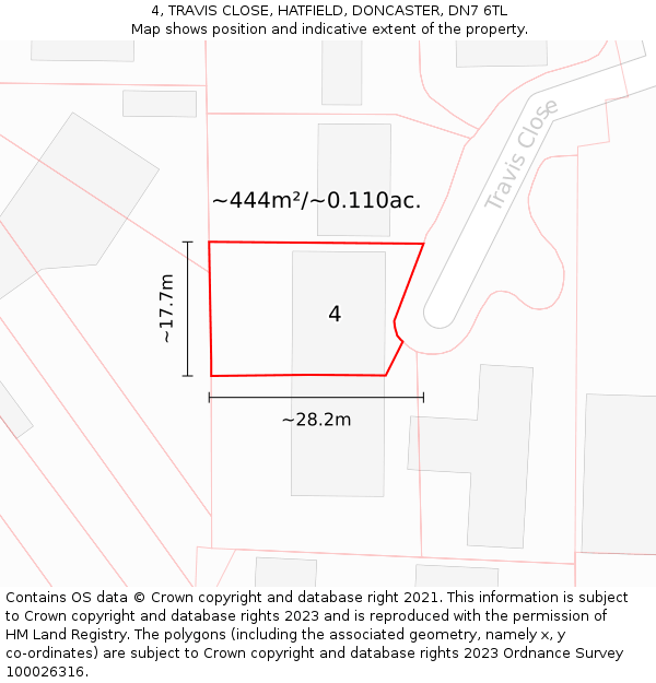 4, TRAVIS CLOSE, HATFIELD, DONCASTER, DN7 6TL: Plot and title map